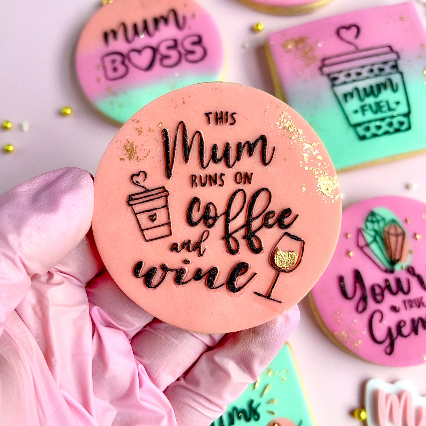 THIS MUM RUNS ON COFFEE AND WINE - RAISED EMBOSSER