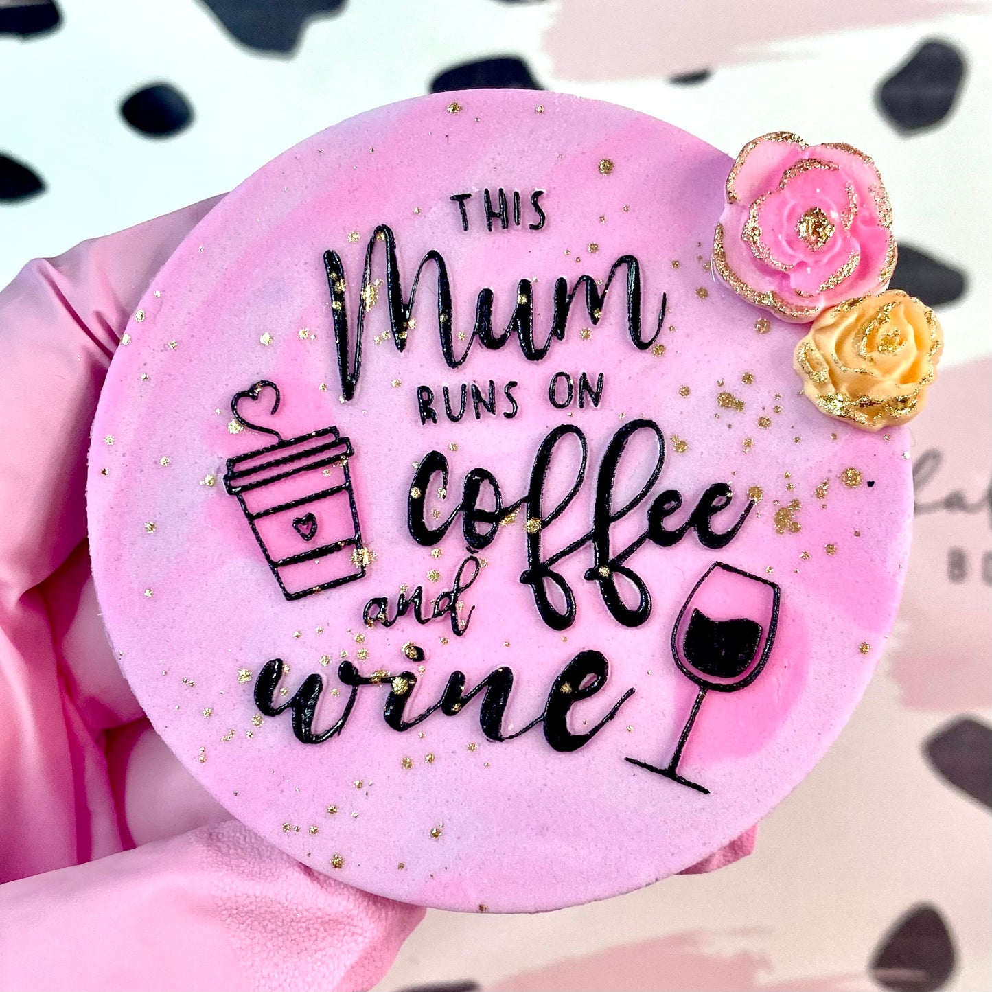 THIS MUM RUNS ON COFFEE AND WINE - RAISED EMBOSSER